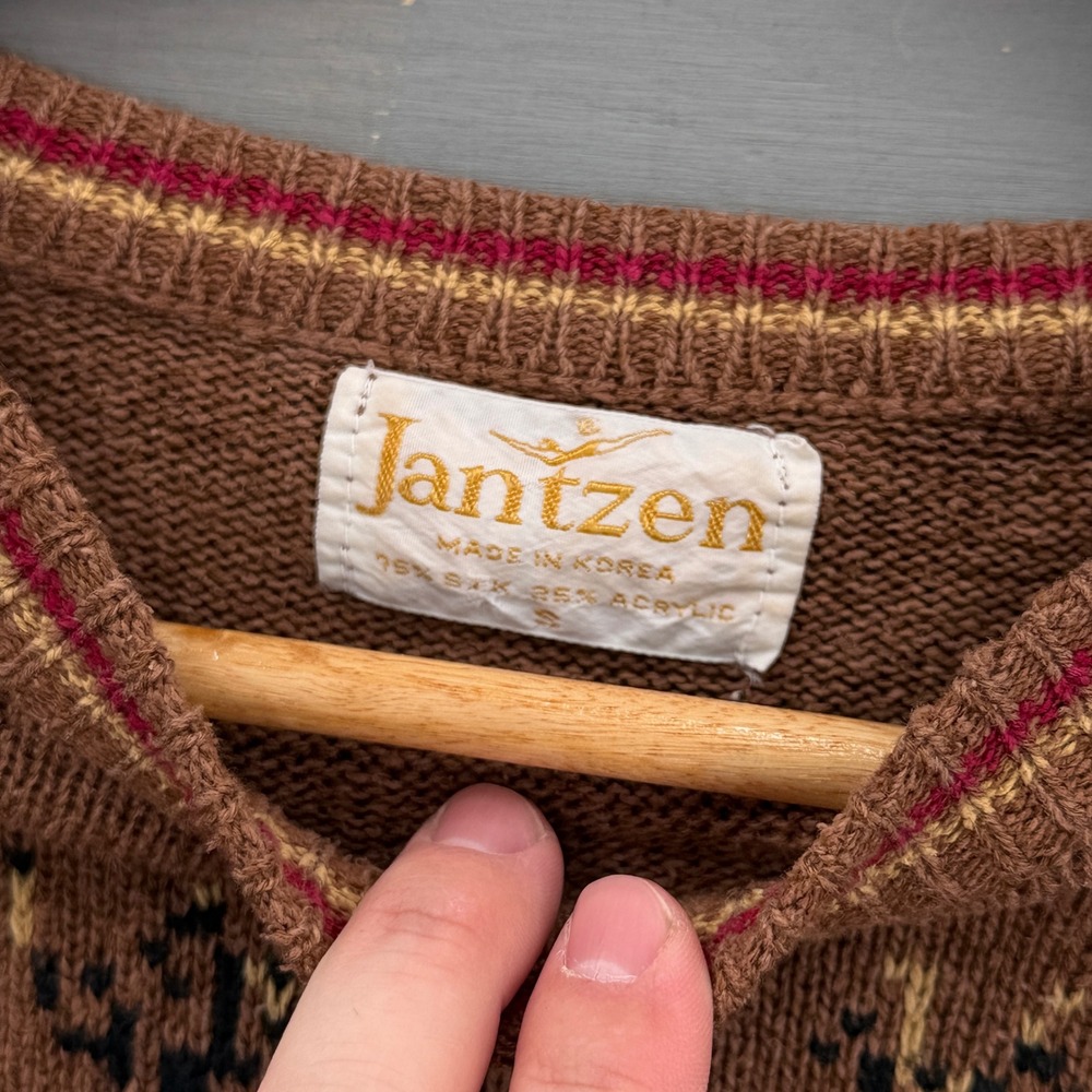 Jantzen Vintage Knit Sweater Brown Silk Blend Intarsia Puff Sleeve Small - Picture 3 of 7